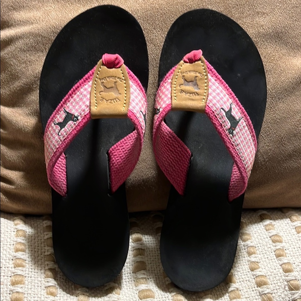 Pink and Black Flip Flops with Dog Logo gently worn